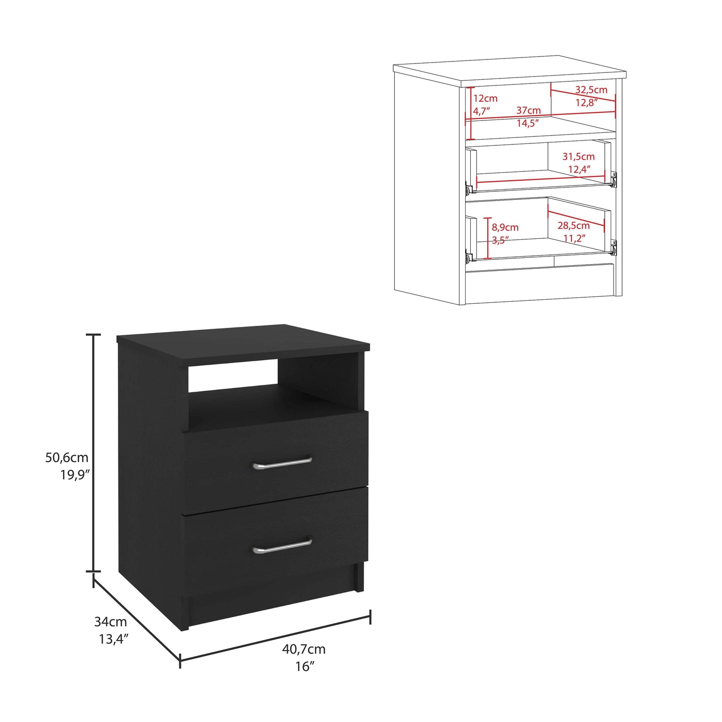 Louise 3 Piece Bedroom Set, London Armoire + Salento Nightstand + Salento Nightstand, Black