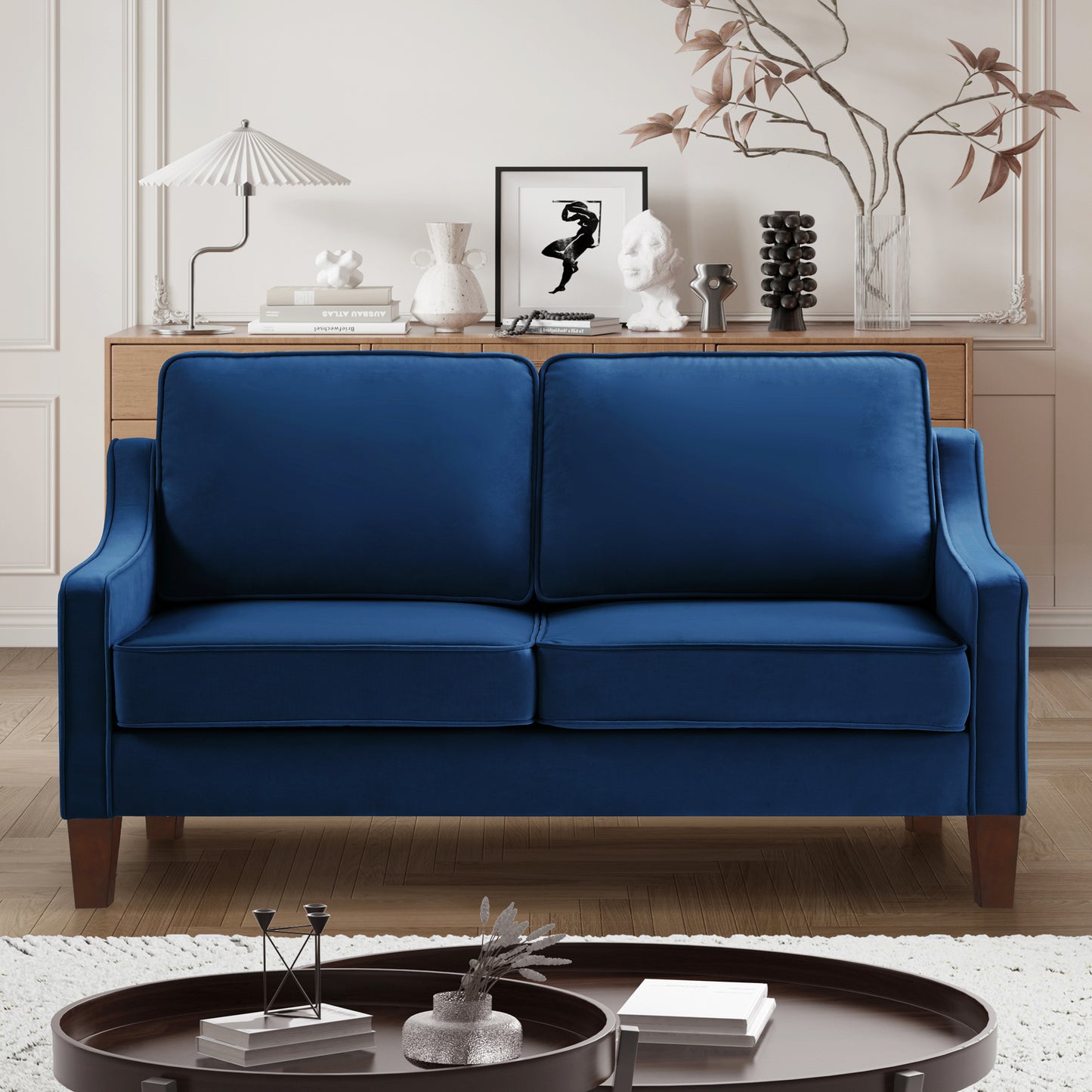 Modern Loveseat sofa for Living Room, Upholstered Velvet Small Couch with Wooden Legs for Livingroom Bedroom, Navy