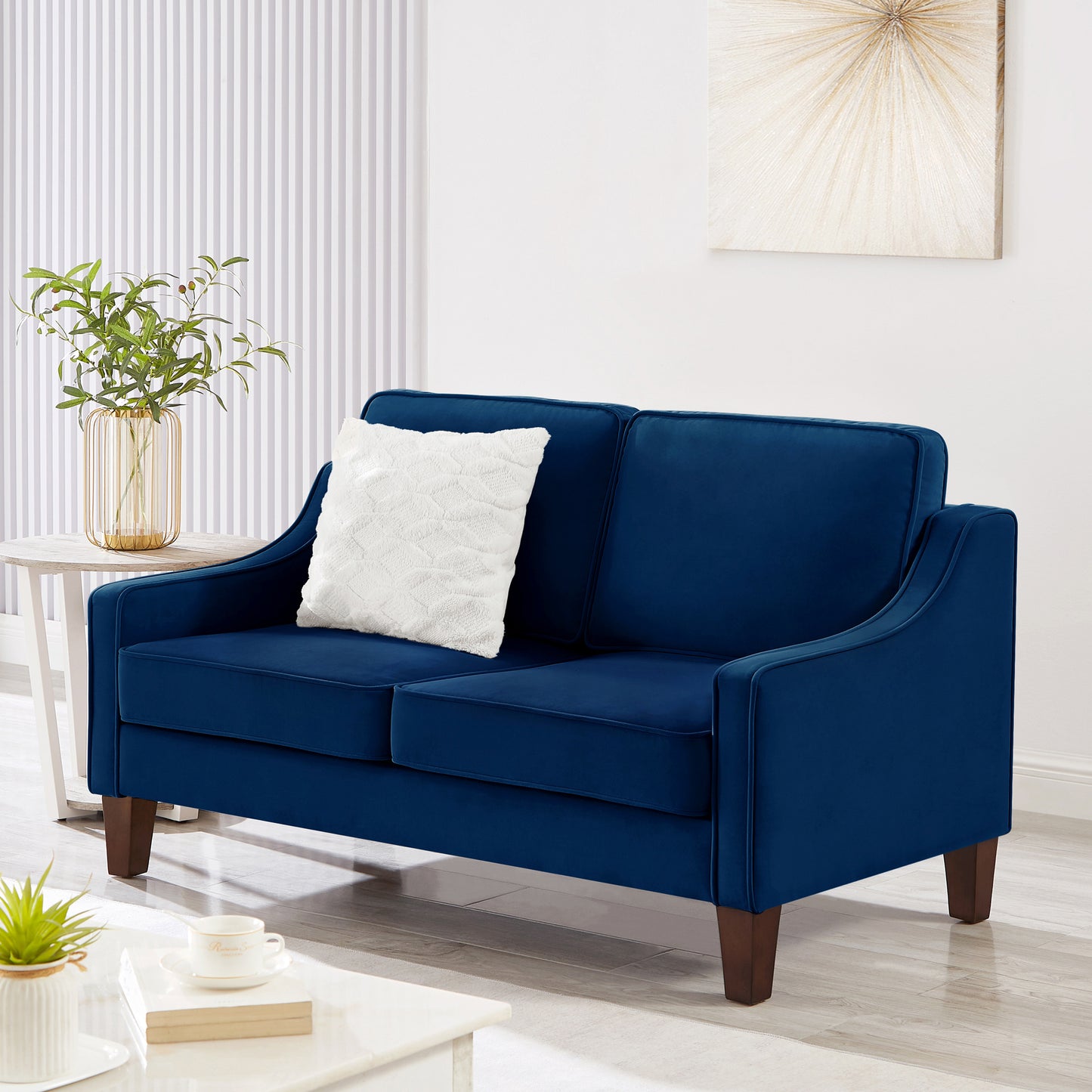 Modern Loveseat sofa for Living Room, Upholstered Velvet Small Couch with Wooden Legs for Livingroom Bedroom, Navy