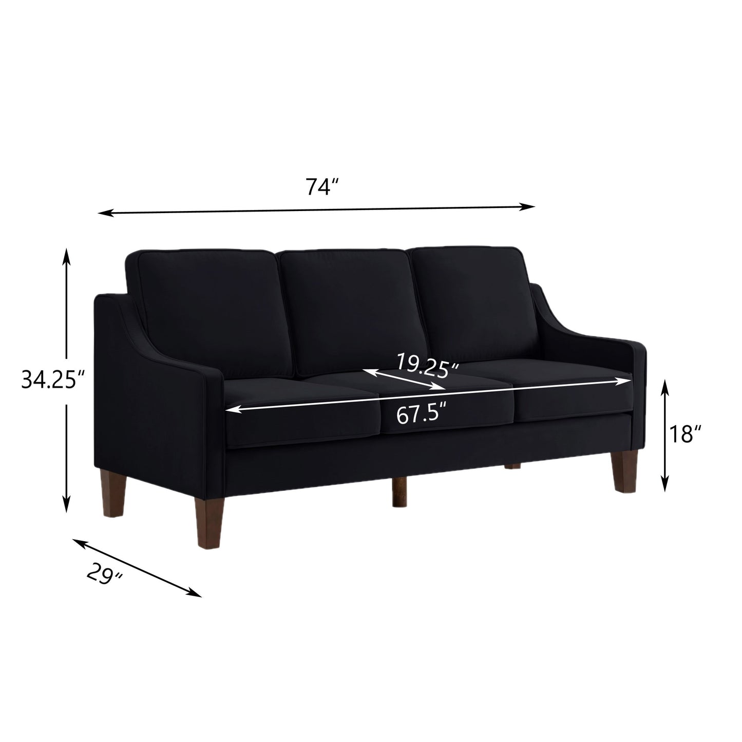 Modern 3 Piece seat Sofa Couch with Scooped Armrest/Wood legs,Upholstered Velvet 3-seat Sofa with Removable Cushions for Livingroom Bedroom,Black