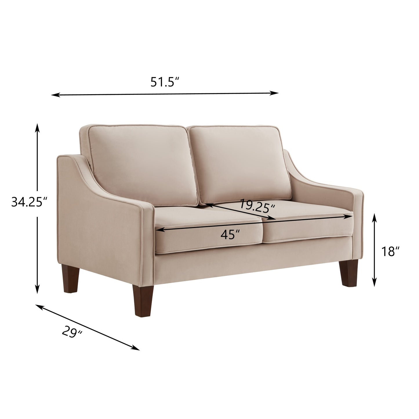 Modern Loveseat sofa for Living Room, Upholstered Velvet Small Couch with Wooden Legs for Livingroom Bedroom, Taupe