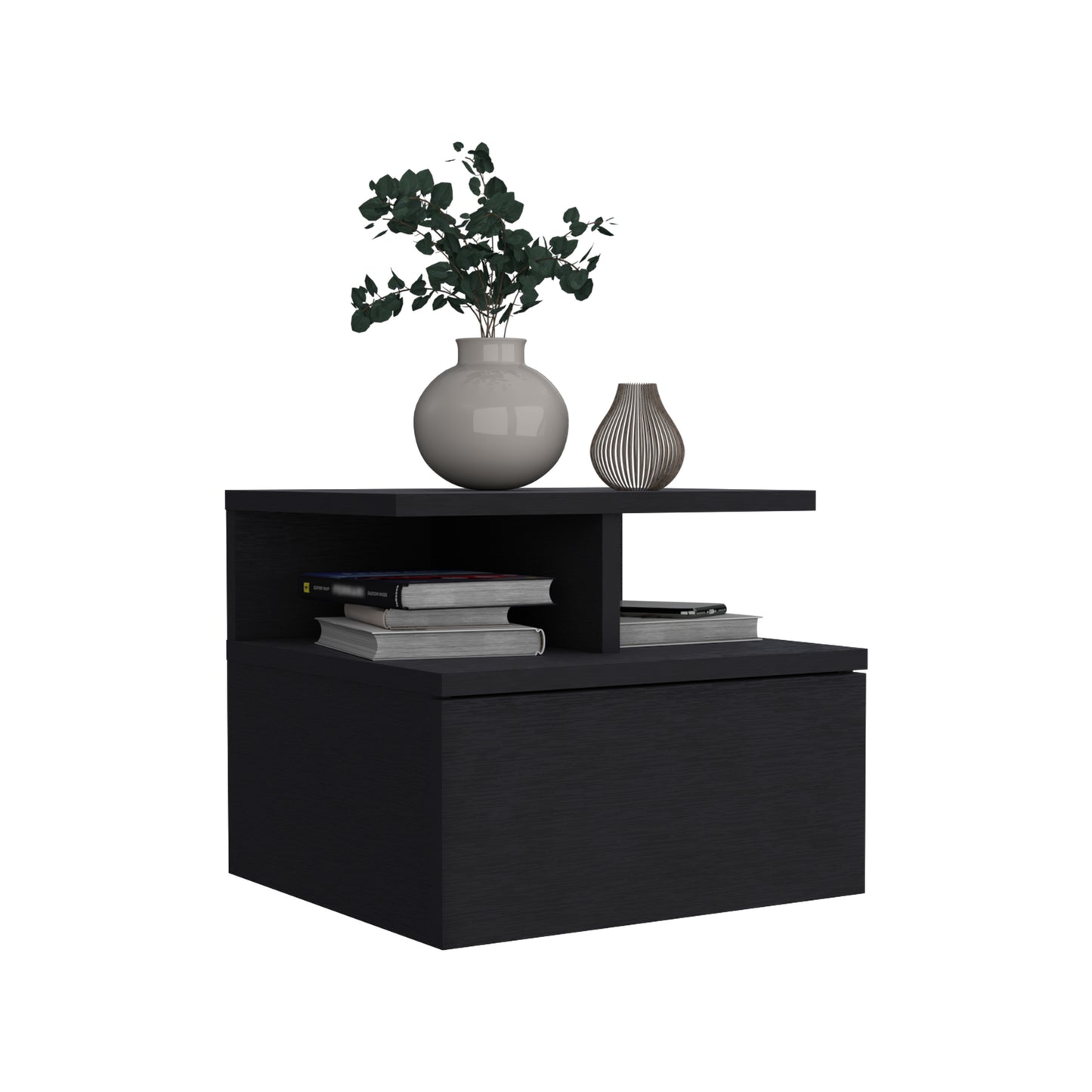 DEPOT E-SHOP Seward Floating Nightstand, Wall Mounted with Single Drawer and 2-Tier Shelf, Black