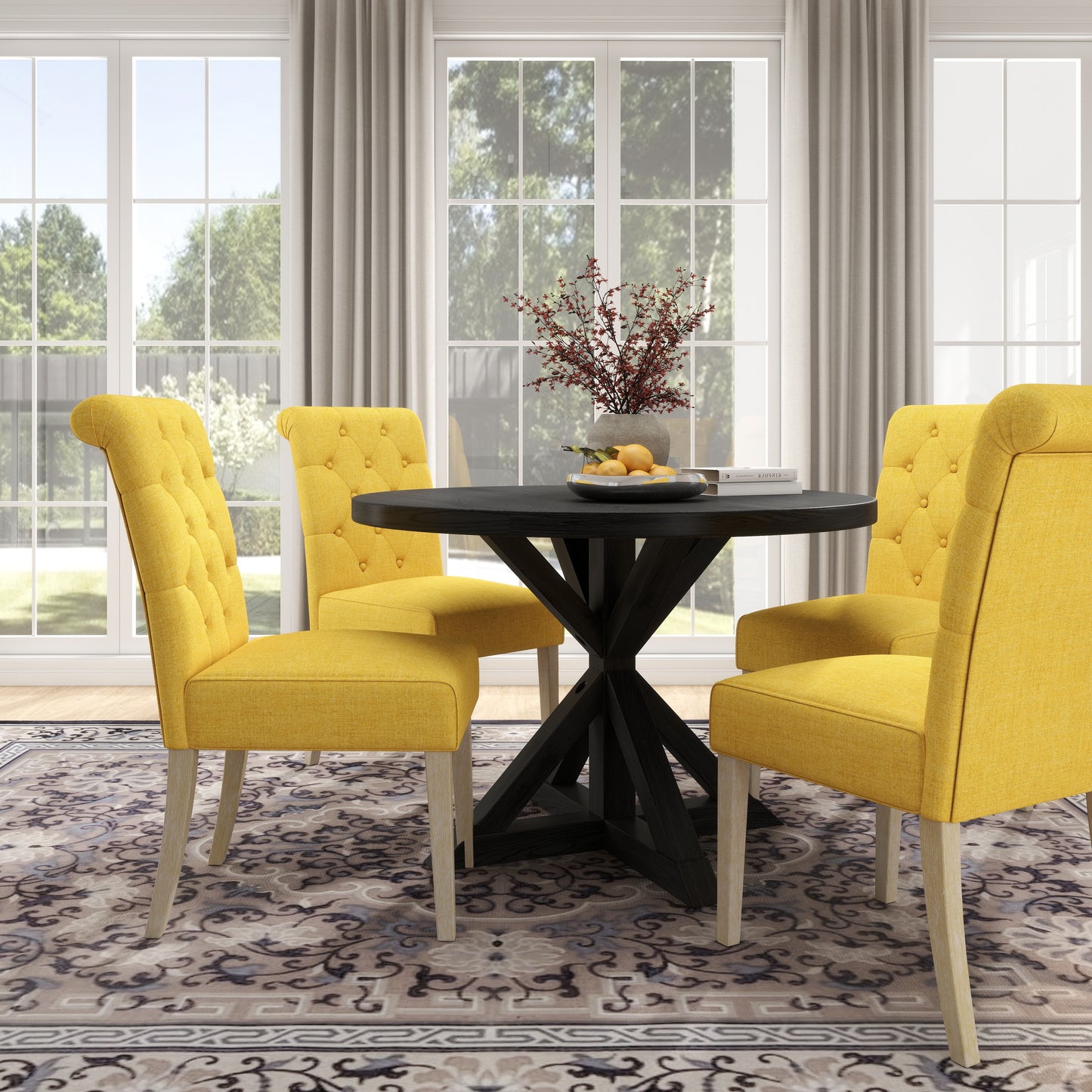 Banff 5-piece Dining Set, Cross-Buck Round Table with 4 Tufted Chairs