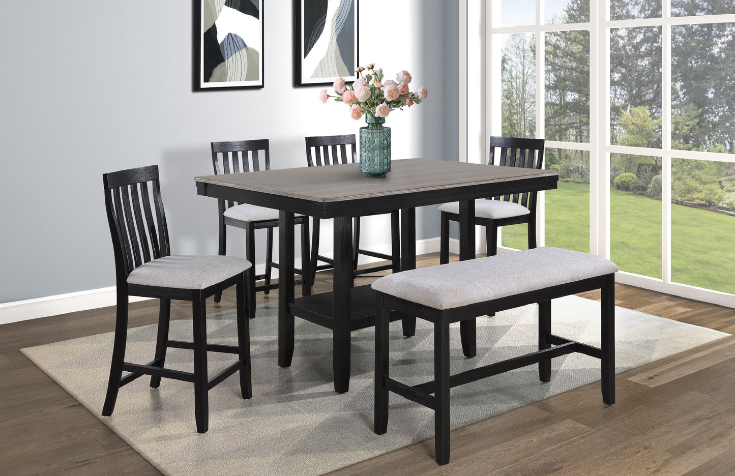 6-Piece Farmhouse Counter Height Dining Set Rectangular Table Light Gray Black Finish Upholstered Chairs Bench Wooden Solid Wood Dining Room Kitchen Furniture