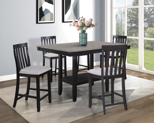 5-Piece Farmhouse Counter Height Dining Set Rectangular Table Light Gray Black Finish Upholstered Chairs Wooden Solid Wood Dining Room Kitchen Furniture