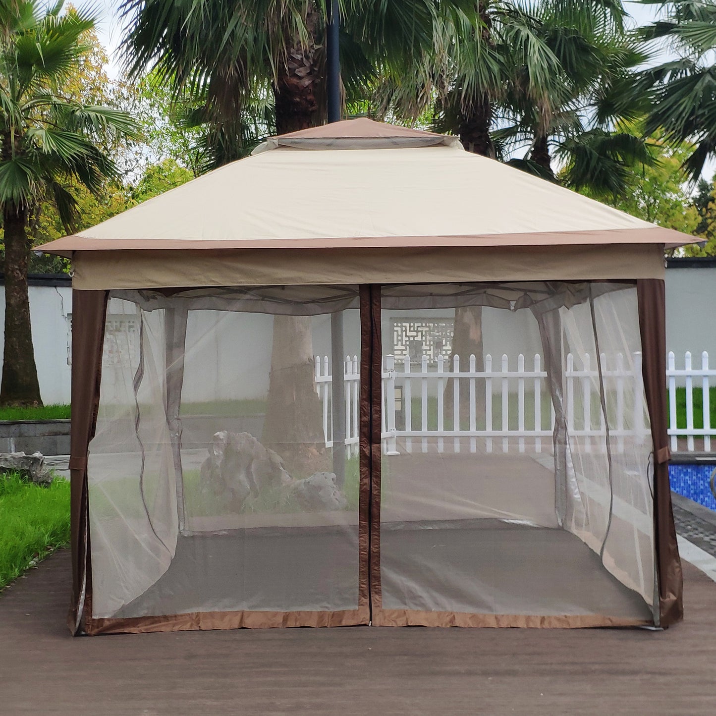 Outdoor 11x 11Ft Pop Up Gazebo Canopy With Removable Zipper Netting; 2-Tier Soft Top Event Tent; Suitable For Patio Backyard Garden Camping Area; Coffee