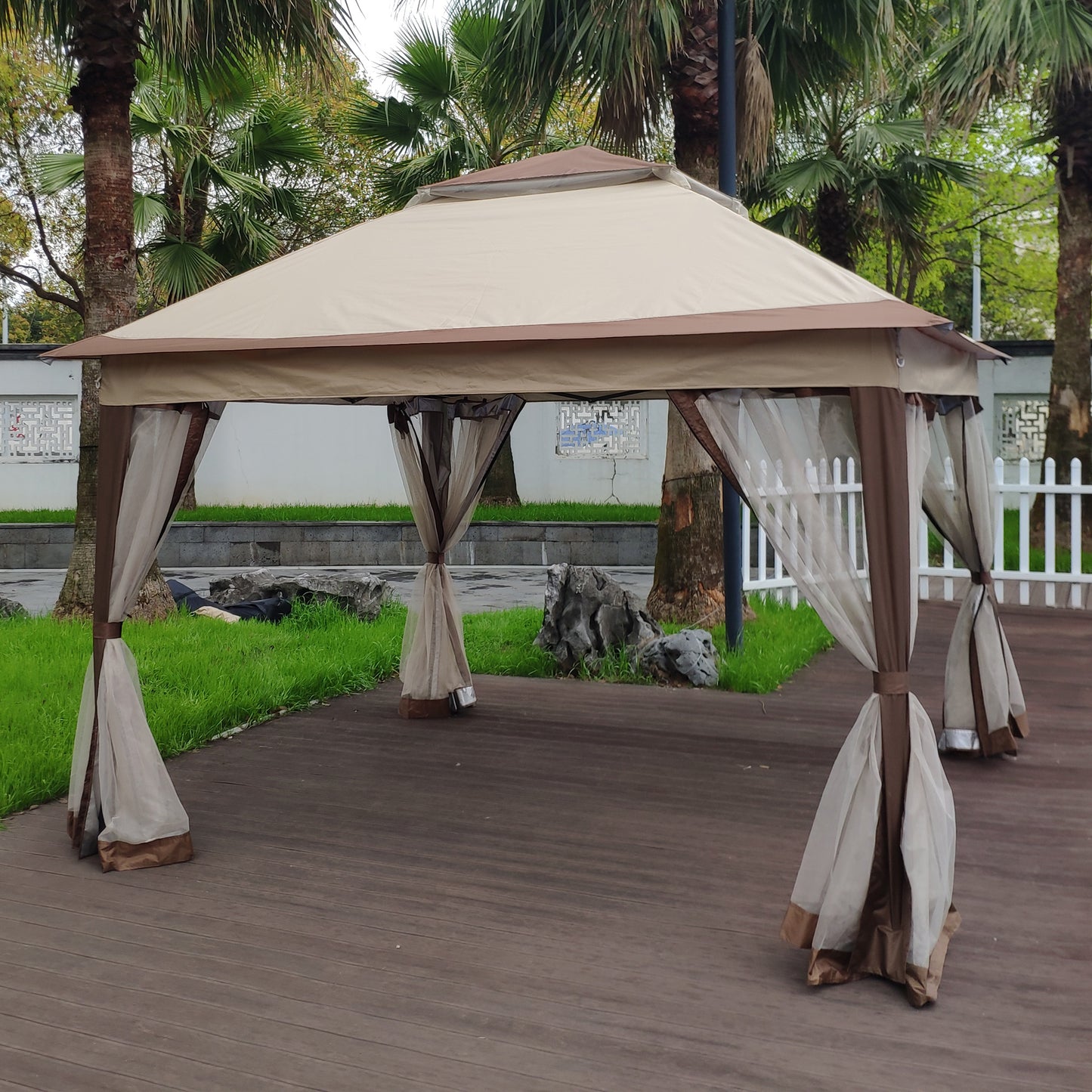 Outdoor 11x 11Ft Pop Up Gazebo Canopy With Removable Zipper Netting; 2-Tier Soft Top Event Tent; Suitable For Patio Backyard Garden Camping Area; Coffee