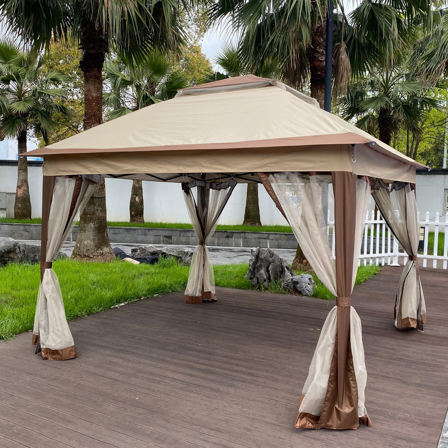 Outdoor 11x 11Ft Pop Up Gazebo Canopy With Removable Zipper Netting; 2-Tier Soft Top Event Tent; Suitable For Patio Backyard Garden Camping Area; Coffee